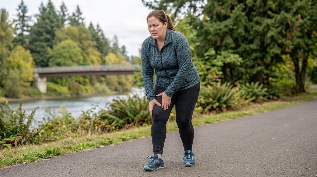 Woman in a teal jacket pauses on a riverside path, holding her knee.
