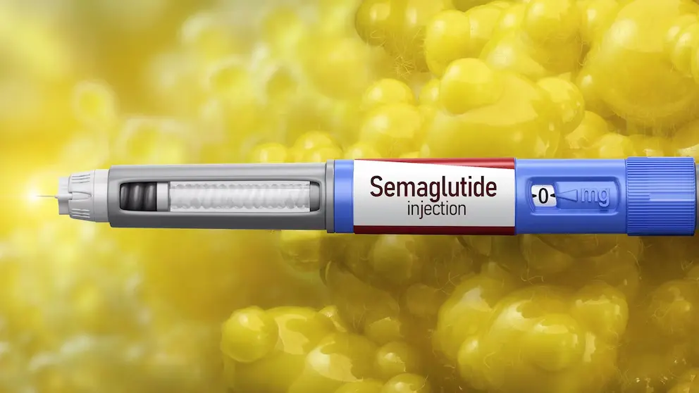 Semaglutide pen, alcohol swab, and sharps container laid out for a safe at-home injection in Eugene, OR.
