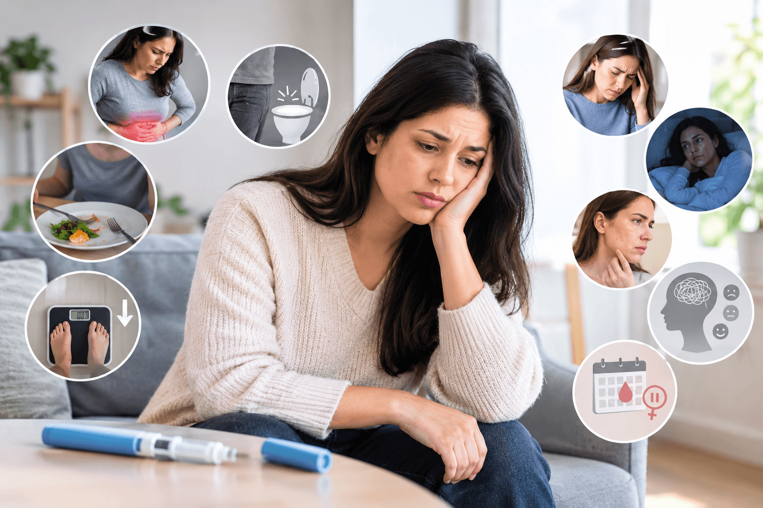 Woman sitting on a couch with a semaglutide injection pen nearby, surrounded by icons of nausea, digestive issues, low appetite, weight change, headache, poor sleep, skin changes, mood shifts, and hormone symptoms.
